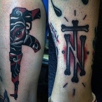 Old school style colored thigh tattoo of AK rifle with emblem