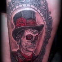 Old school style colored thigh tattoo of man with makeup