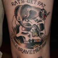 Old school style colored thigh tattoo of human skull with rat and lettering
