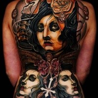 Old school style colored whole back tattoo of mystical woman with roses and candle