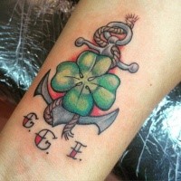Old school style colored wrist tattoo of iron anchor with clover and lettering
