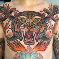 Old school style colorful angry tiger dace with crossed swords tattoo on chest