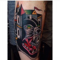 Old school style colorful black panther tattoo on forearm stylized with old castle