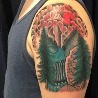 Old school style colorful shoulder tattoo of mountain river and forest
