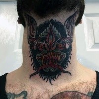 Old school style demonic bat head tattoo on neck