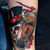 Old school style designed coffin with skull tattoo on leg