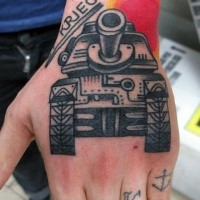 Old school style detailed hand tattoo of old tank and lettering