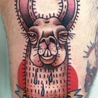Old school style funny colored Lama tattoo with lettering