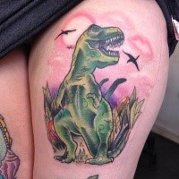 Old school style illustrative dinosaur tattoo on thigh