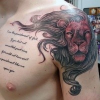 Old school style illustrative style lion head tattoo on shoulder with lettering