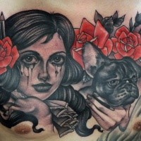 Old school style large colored crying woman tattoo on chest with dog and flowers