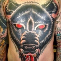 Old school style large colored whole chest tattoo of demonic dog face