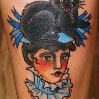 Old school style leg tattoo of beautiful woman with cat