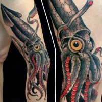 vecchia scuola stile multicolore calamaro con occhio tatuaggio su braccio
