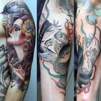 Tatuaje en el brazo, dibujo surrealista con mujer que llora y hombre marinero