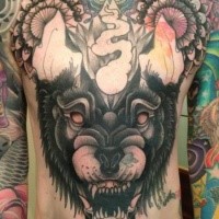 Old school style mystical colored whole chest tattoo of demonic wolf and flowers
