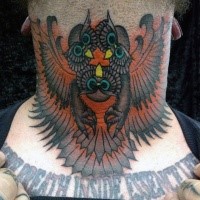 Old school style mystical designed colored owls tattoo on neck