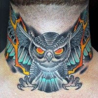 Old school style mystique flying owl with flashes colored neck tattoo