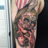 Old school style painted and colored shoulder tattoo of creepy bloody woman in mask