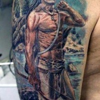 Old school style painted and colored Indian warrior half sleeve tattoo
