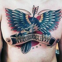 Old school style painted multicolored eagle with arrow ad lettering tattoo on chest