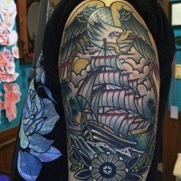Old school style painted multicolored nautical tattoo on half sleeve area