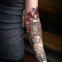 Old school style painted multicolored sad woman portrait tattoo on arm