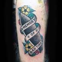 Old school style skate board tattoo with flowers and memorial banner lettering