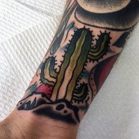Old school style small colored wrist tattoo of simple cactus