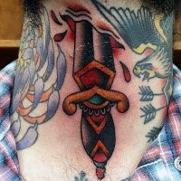Old school style traditional sharp dagger into skin with bloody traces tattoo on biceps