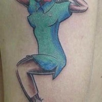 Old school tattoo of lady in mask with one leg