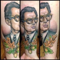 Old school vintage style colored forearm tattoo of man portrait