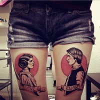 Old school vintage style colored Han Solo and Leia Organa portraits tattoo on thighs with lettering
