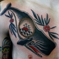 Old school whale tattoo on chest