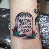 Old style colored gravestone with lettering tattoo