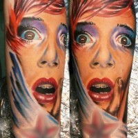 Old style multicolored realistic scared woman portrait tattoo on arm