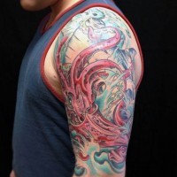 vecchio stile dipinto colorato calamaro tatuaggio  a mezza manica