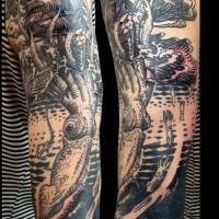 Old style painted massive ocean beast attacking the ship tattoo on sleeve