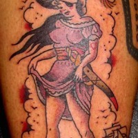 Old style painted simple pirate woman tattoo on leg