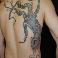 Old tree tattoo on back for men