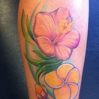 Orange hibiscus flowers tattoo on leg