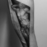 Original and creative looking dot style forearm tattoo of ancient statue