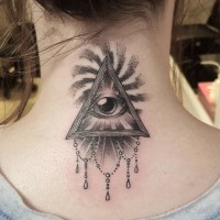 Original Baroque style black ink neck tattoo of mystical pyramid with eye