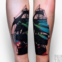 Original colored arm tattoo of big sailing ship