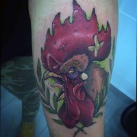 originale colorato malvagio combattente gallo tatuaggio su gamba