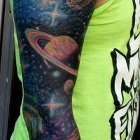 Original colored massive solar system tattoo on shoulder