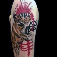 Original colored nautical style big owl tattoo on arm