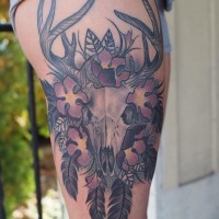 Original combined big deer skull tattoo on thigh with flowers and feather