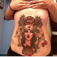 Original combined big mystical tattoo on belly with gypsy woman and animal skulls