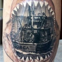Original combined big shark mouth stylized with old fishing ship tattoo on thigh